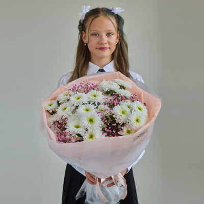 Букет школьный с хризантемой и гипсофилой РОЗОВЫЙ N 84572-Р
